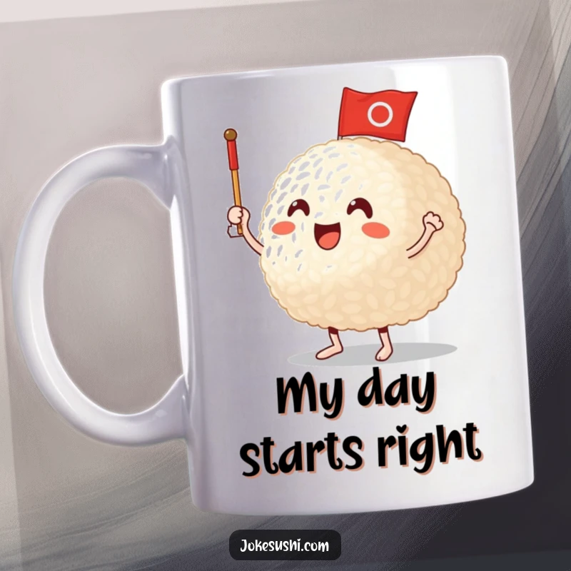 Funny Mug: An anthropomorphic rice ball character excitedly waves a miniature flag, celebrating with joy, a cute funny gift.