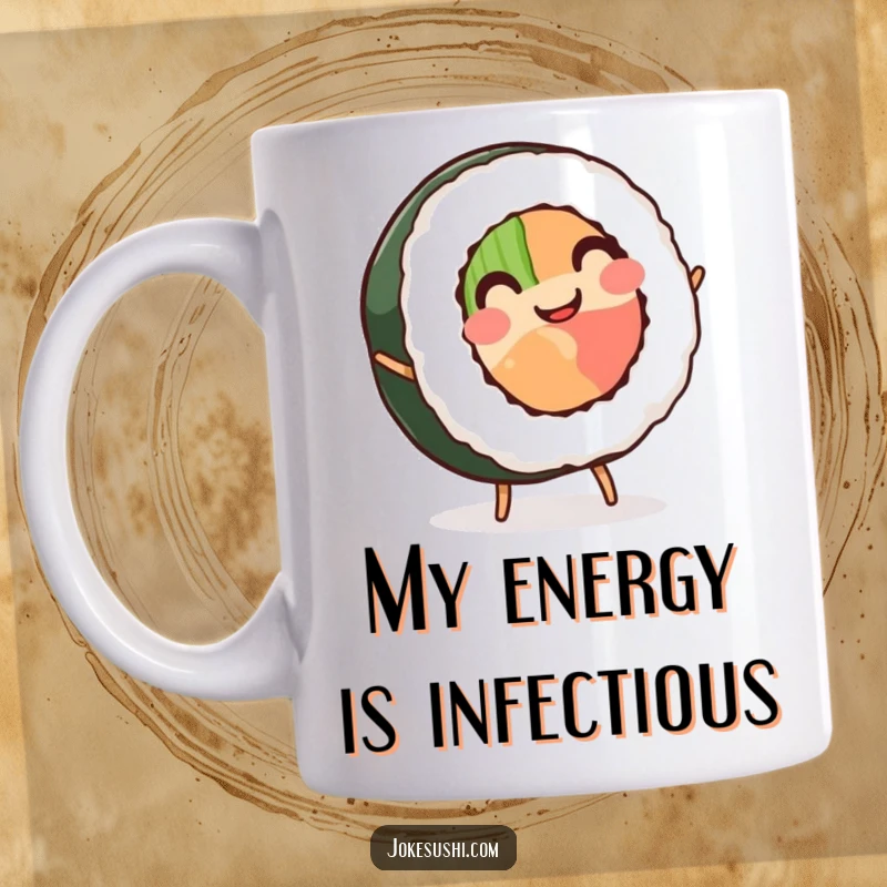 Funny Sushi Roll Mug: A smiling sushi roll with two tiny legs enthusiastically performing a cartwheel, radiating pure joy and humor.