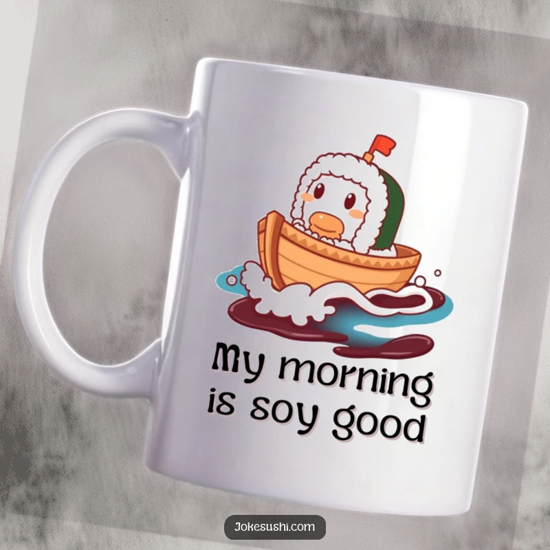 Funny Sushi Boat Mug: A contented sushi character joyfully sailing on a soy sauce wave, bringing smiles.