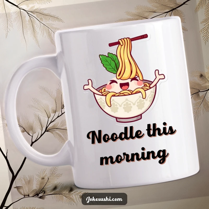Funny mug featuring a winking ramen bowl character with noodles waving like arms, embodying cheerful noodle enthusiasm and playful food humor.