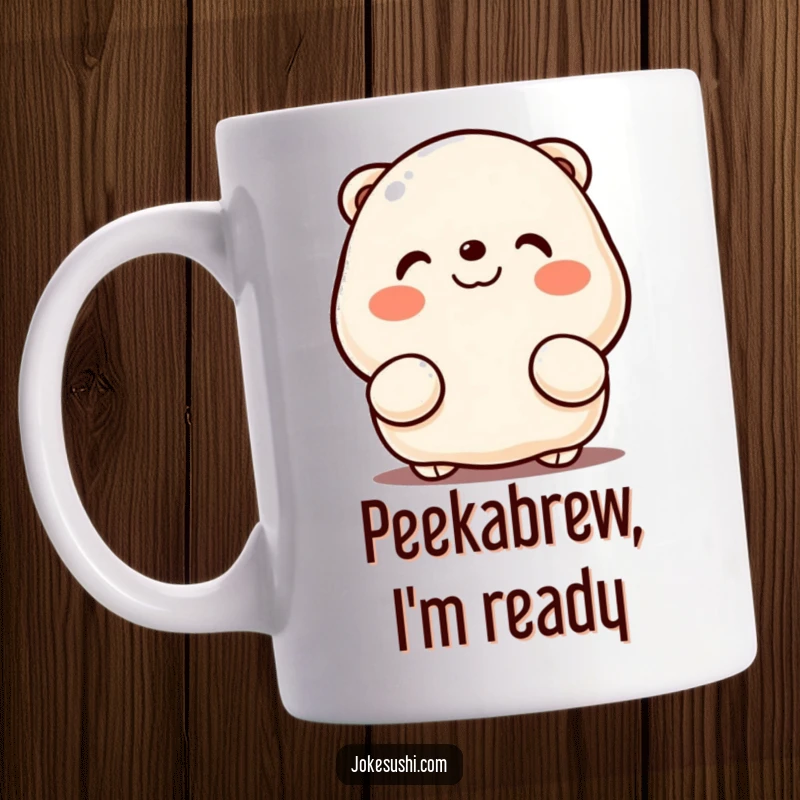 Funny mug with a smiling, rosy-cheeked dumpling character peeking playfully from behind cupped hands, conveying cuteness and surprise.