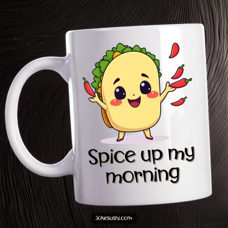 Funny Mug: A happy taco character delightedly juggles tiny chili peppers, a vibrant and funny foodie gift.