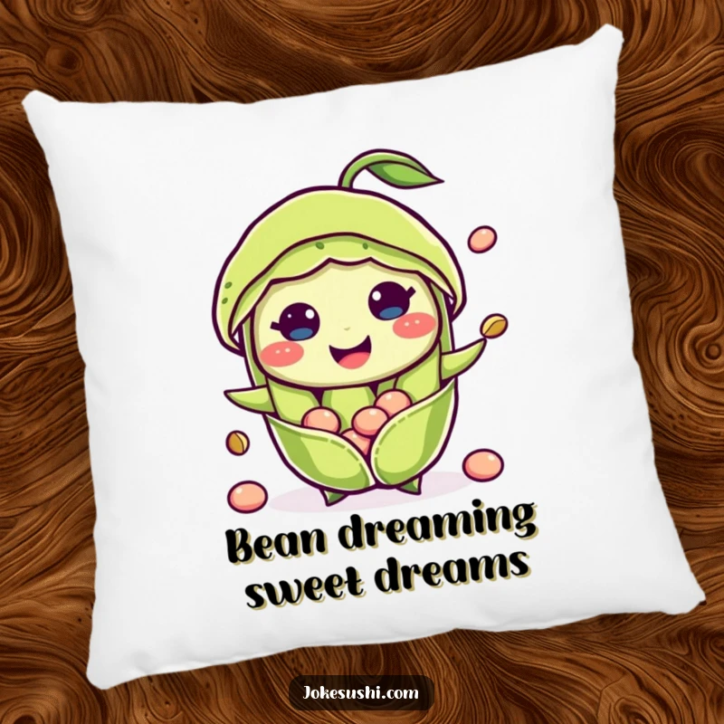 Funny throw pillow with a happy edamame pod character with beans popping out, bringing soft comfort and a delightful, fresh charm.