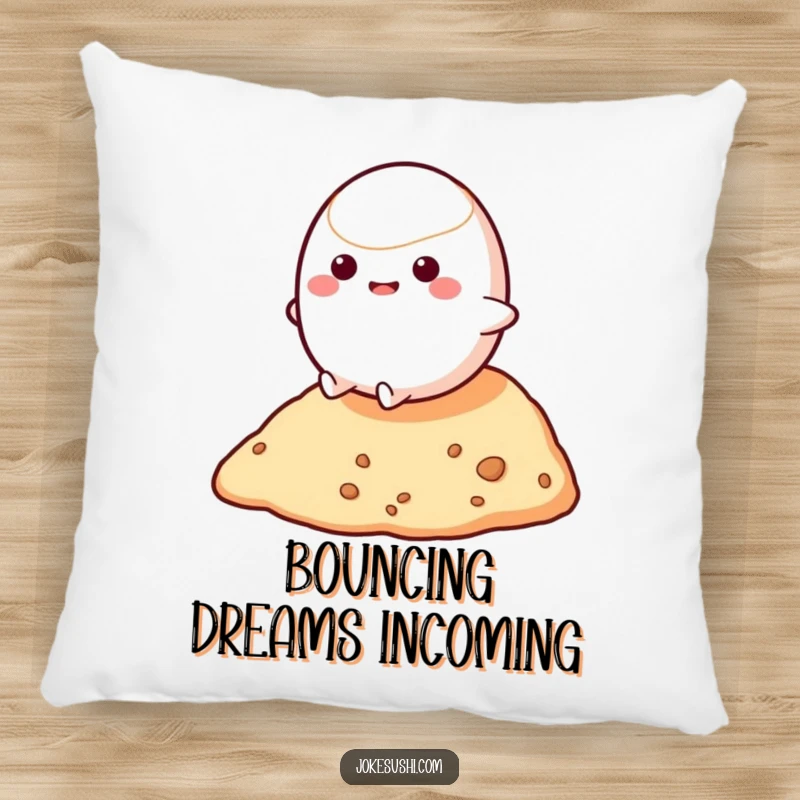 Funny pillow with a bouncy mochi character rolling down a hill, offering comfort and a fun, humorous decorative accent.