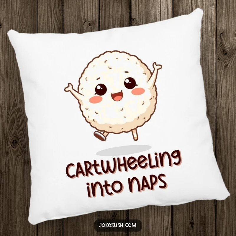 Funny pillow featuring a smiling rice ball character doing a cartwheel, providing comfort and a burst of silly, food-themed cheer.