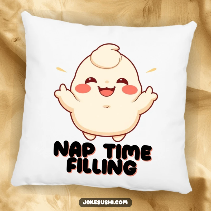Funny pillow featuring a grinning dumpling character enthusiastically gesturing its sides, perfect for cozy comfort.
