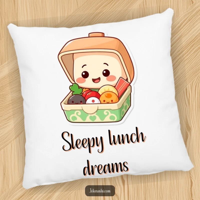 Funny pillow featuring a grinning bento box popping open to reveal smiling food items, cozy and cute.