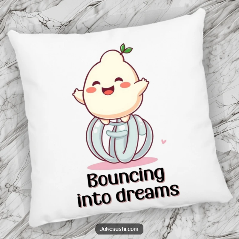 Funny grinning dumpling character bouncing on a giant spring, a soft and amusing pillow for ultimate comfort and smiles.