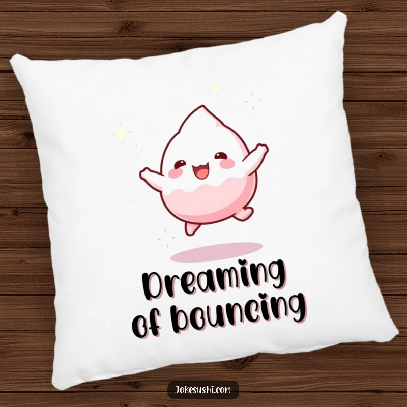 Funny pillow featuring a playful mochi character bouncing gleefully with a trail of sparkling dust, perfect for comfort and fun.