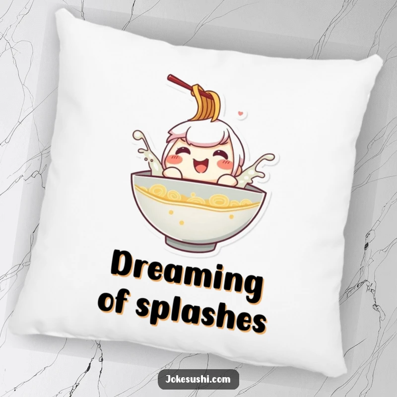 Funny ramen bowl pillow, a happy character splashing playfully in broth, offering comfort and a touch of whimsy.