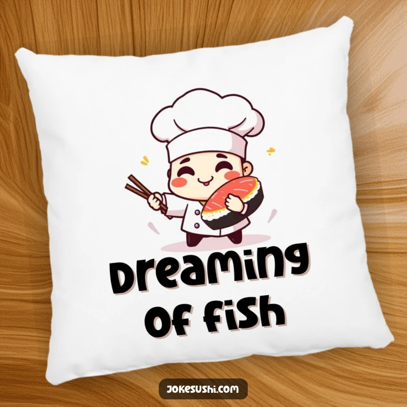 Funny pillow featuring a playful sushi chef character spinning a piece of tuna, perfect for cozy relaxation.