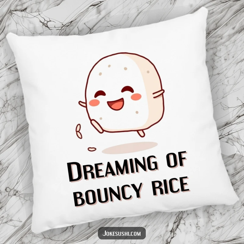 Funny pillow featuring a grinning onigiri character playfully kicking a rice grain, offering comfort and playful decor.
