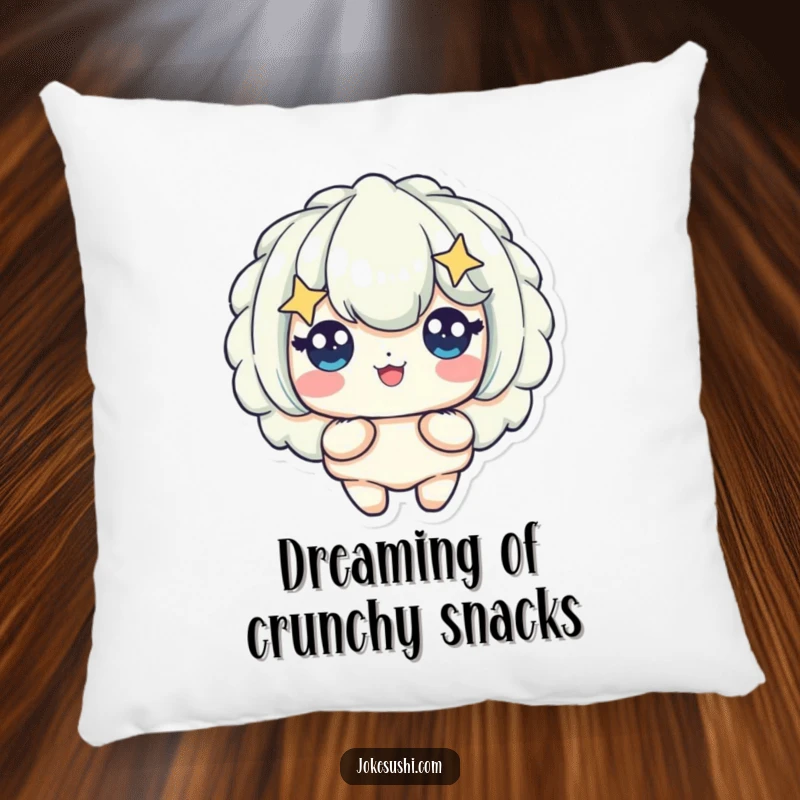 Funny throw pillow with a happy tempura piece character with starry eyes, bringing soft comfort and a delightful, crispy charm.