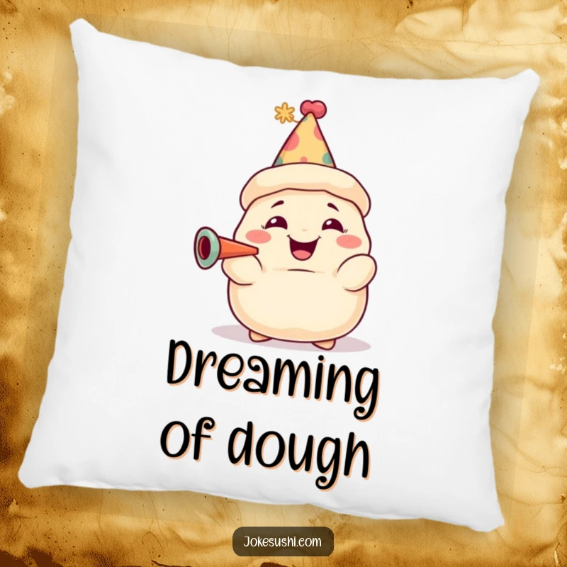 Funny dumpling pillow featuring a grinning character in party attire, offering comfort and festive cheer. A soft and humorous accent.