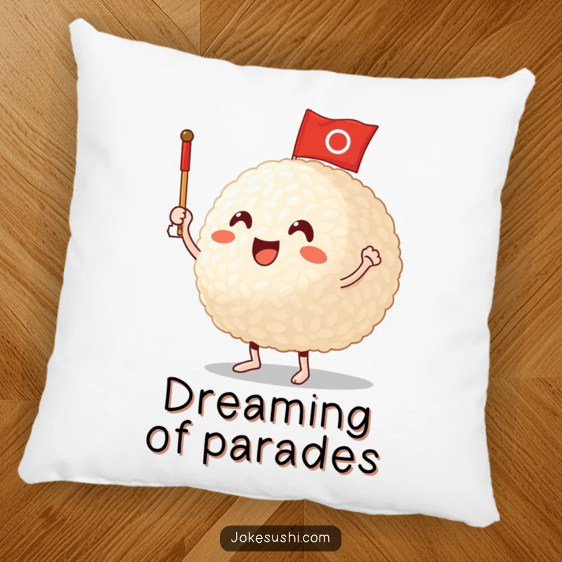 Funny Pillow: A happy rice ball character waving a small flag, bringing comfort and cute, cheerful vibes.