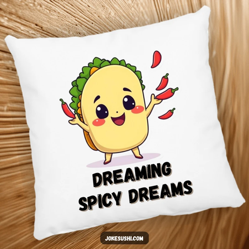 Funny Pillow: A cheerful taco character juggles tiny chili peppers, bringing comfort and vibrant foodie fun.