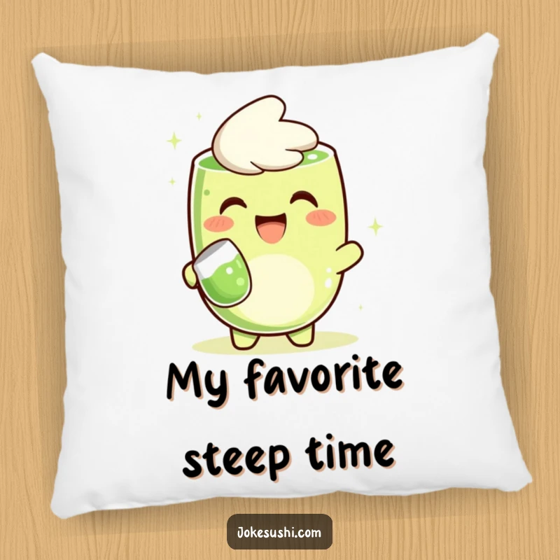 Funny pillow featuring a grinning matcha green tea character cheerfully pouring tea, perfect for adding humor and comfort to decor.
