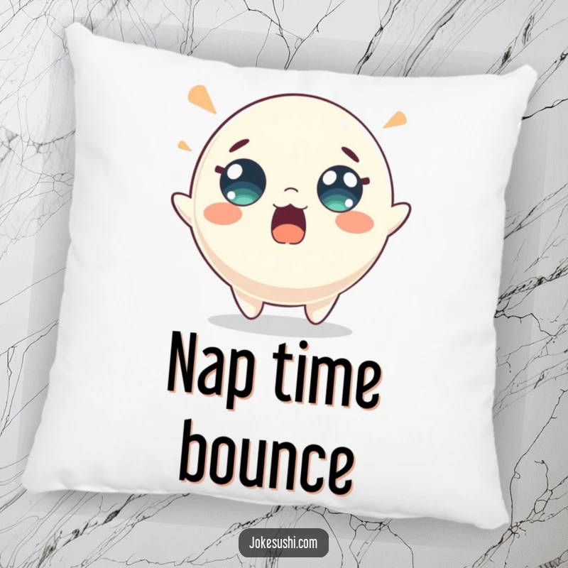 Funny mochi pillow featuring a surprised character energetically bouncing, offering cozy comfort and a playful, energetic vibe. A soft and humorous accent.