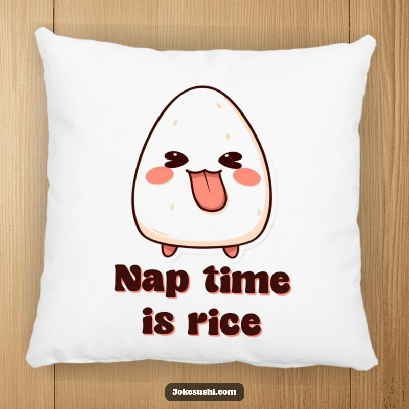 Funny onigiri pillow featuring a cute, mischievous character sticking its tongue out, offering comfort and a playful vibe.