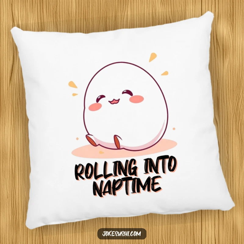 Funny throw pillow with a cute, wobbly mochi character giggling as it rolls down a hill, bringing soft comfort and humor.