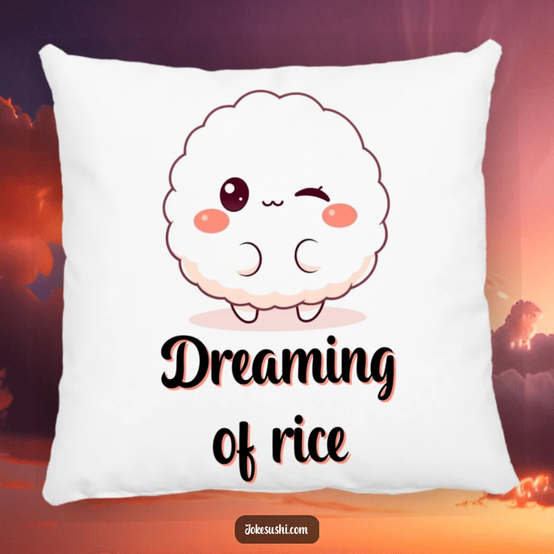 Funny pillow illustrating a fluffy rice ball character winking playfully at the viewer, perfect for adding comfort and humor to a couch.
