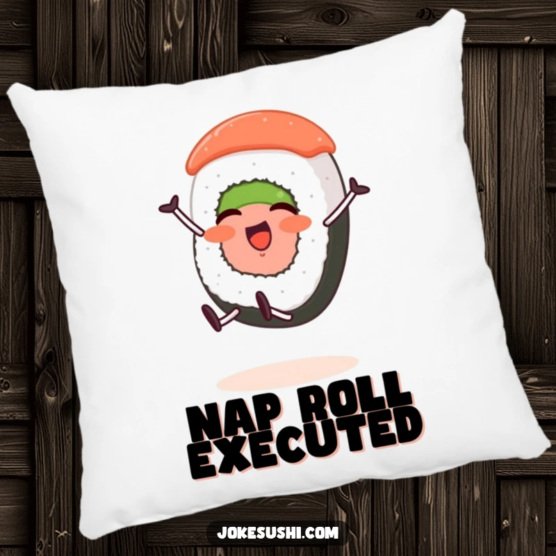 Funny pillow with a sushi roll character with short legs joyfully performing a cartwheel, adding a soft touch of humor.