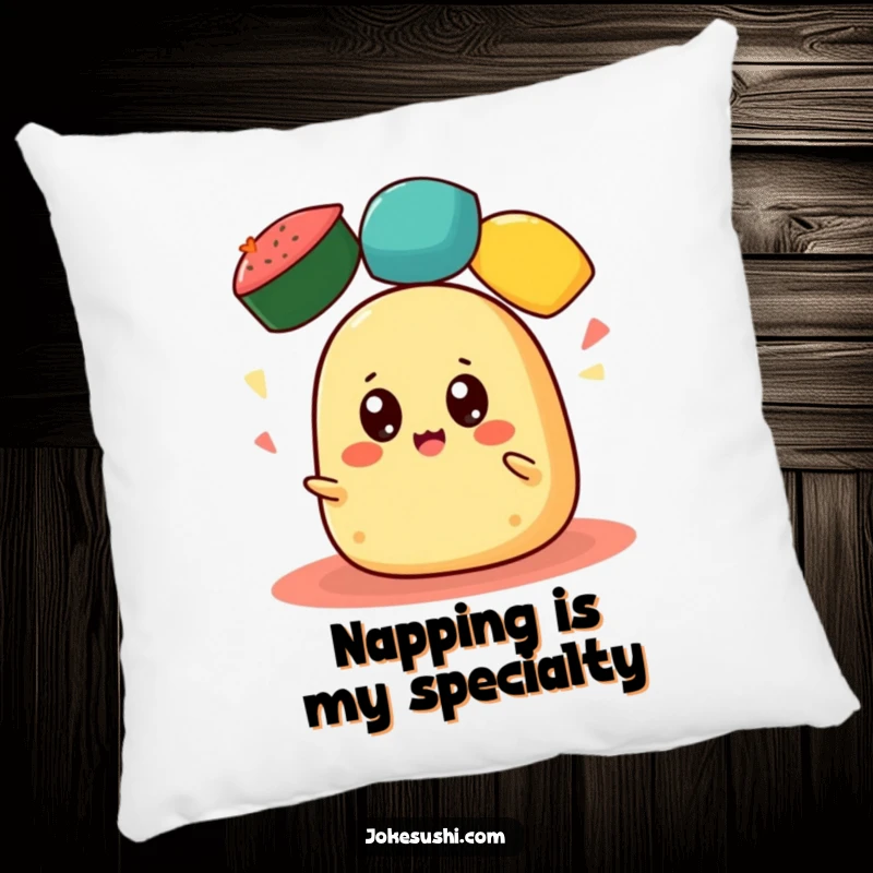 Funny Tamagoyaki Pillow: A cheerful tamagoyaki with big eyes juggles colorful roe, offering a soft, humorous decorative accent.