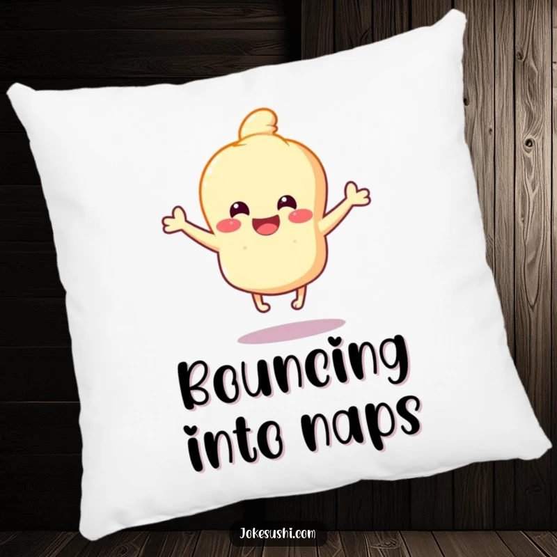 Funny Tempura Pillow: Happy tempura character bouncing with joy on tiny legs, offering comfort and a touch of funny, bouncy charm.