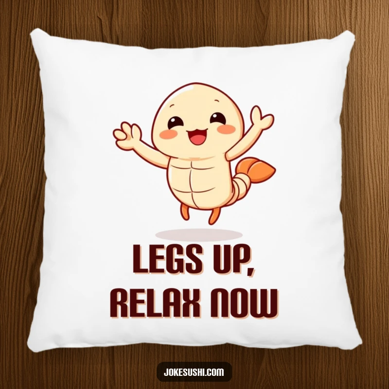 Funny tempura shrimp pillow featuring a cuddly character joyfully waving its legs, perfect for adding comfort and humor to any space.
