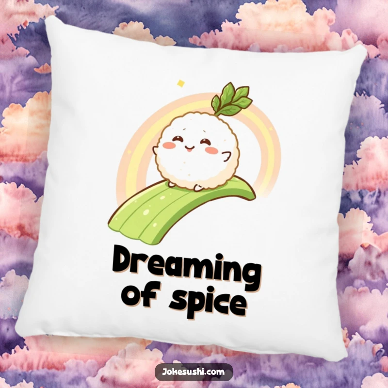 Funny pillow featuring a happy rice ball character sliding down a wasabi rainbow, offering plush comfort and quirky charm.