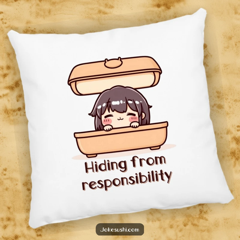 Funny pillow with a blushing bento box character peeking out from under its lid, adding cute charm to spaces.