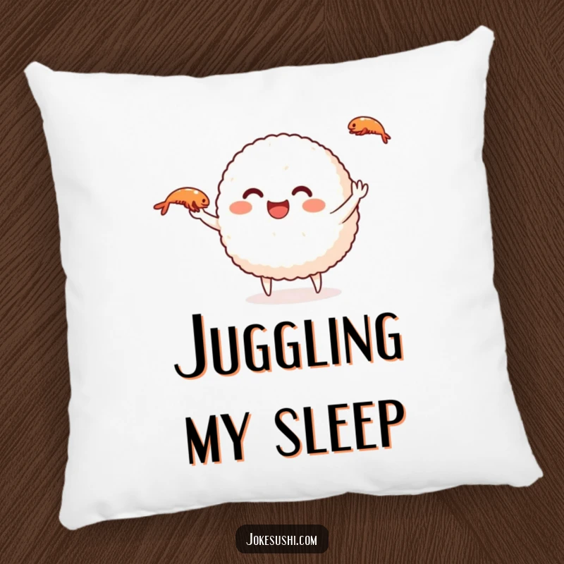 Funny rice ball pillow with a smiling character juggling shrimp, offering comfort and humorous decor.