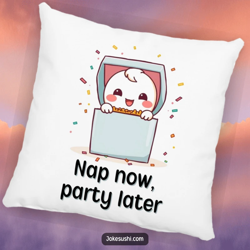 Funny bento box pillow depicting a smiling character joyfully popping open with confetti, adding a festive and comfortable touch.