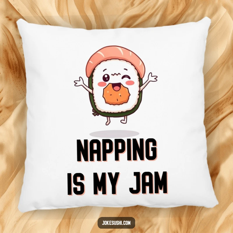 Funny sushi nigiri pillow featuring a delighted character dancing, offering cozy comfort and a playful, delicious vibe. A soft and humorous accent.