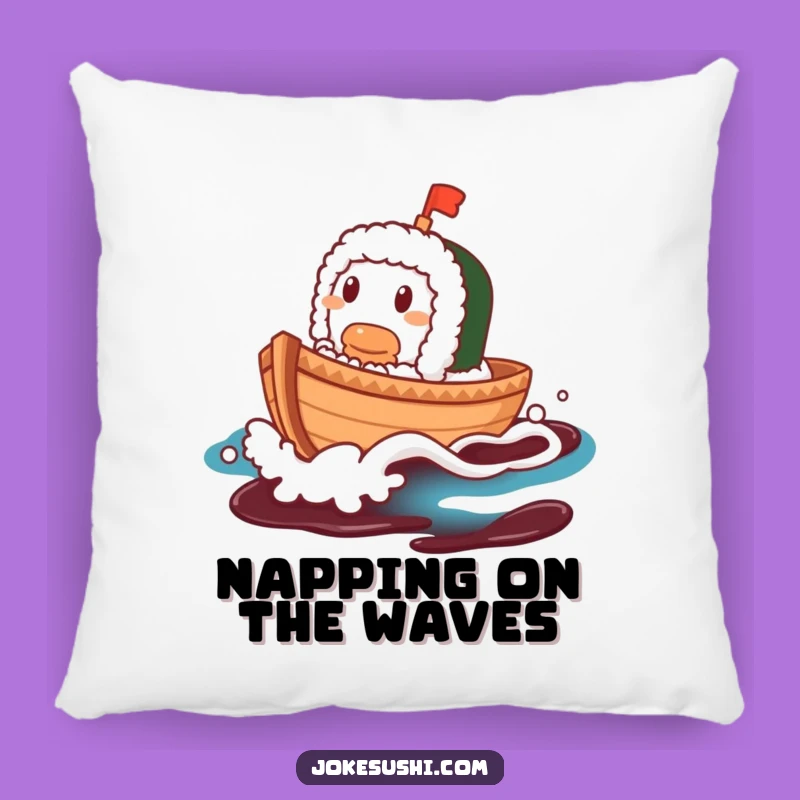 Funny Sushi Boat Pillow: Contented Character Naps on Soy Sauce Wave, Cozy Gift!