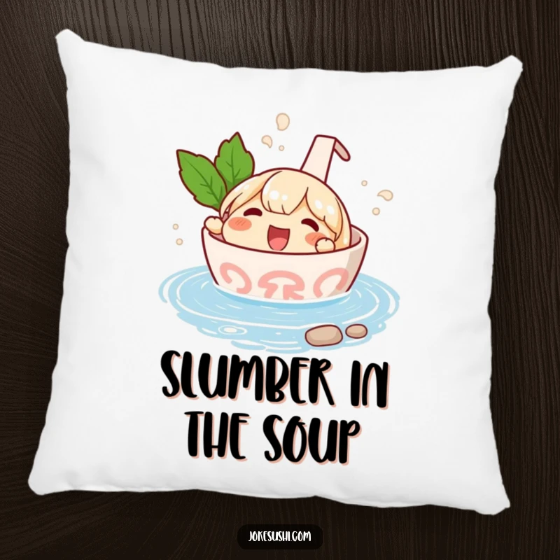 Funny pillow featuring a happy ramen bowl character splashing in a miniature hot spring, offering plush comfort and soothing humor.