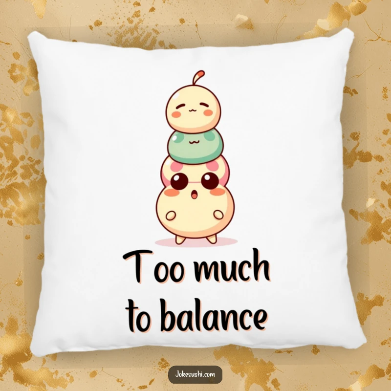 Funny Dango Pillow: A surprised dango character looking startled atop a precariously stacked three-ball treat, soft and amusing.