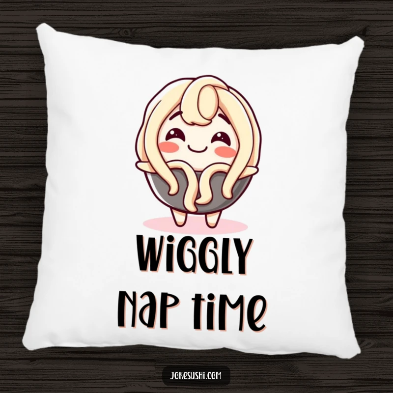 Funny pillow featuring a delighted udon noodle character wiggling with pure joy, offering soft comfort and a humorous decorative accent.