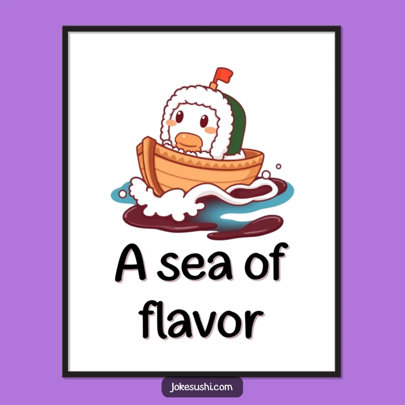 Funny Sushi Boat Digital Art: Contented Character Sails Soy Sauce Wave, Instant Gift!
