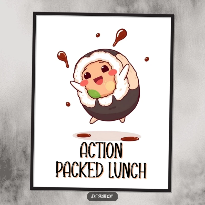 Funny Digital Art Print: Plump sushi roll character in a dynamic cartwheel with soy sauce splashing, a vibrant and humorous artwork.