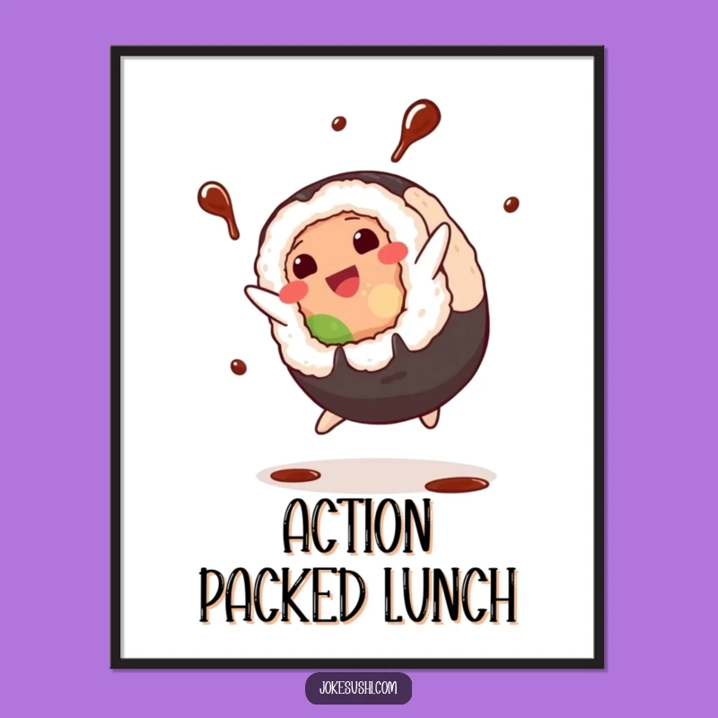 Funny Sushi Cartwheel Digital Print: Dynamic Roll Art, Soy Sauce Splash, Perfect Funny Gift