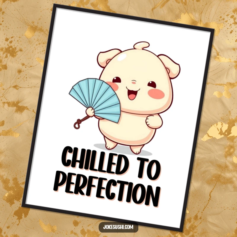 Funny digital art print of a wiggling dumpling character cheerfully offering a tiny fan, ready to be printed and displayed.
