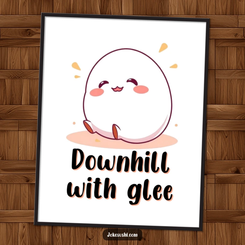 Funny digital art print of a wobbly mochi character giggling uncontrollably as it rolls downhill, perfect for instant humorous decor.