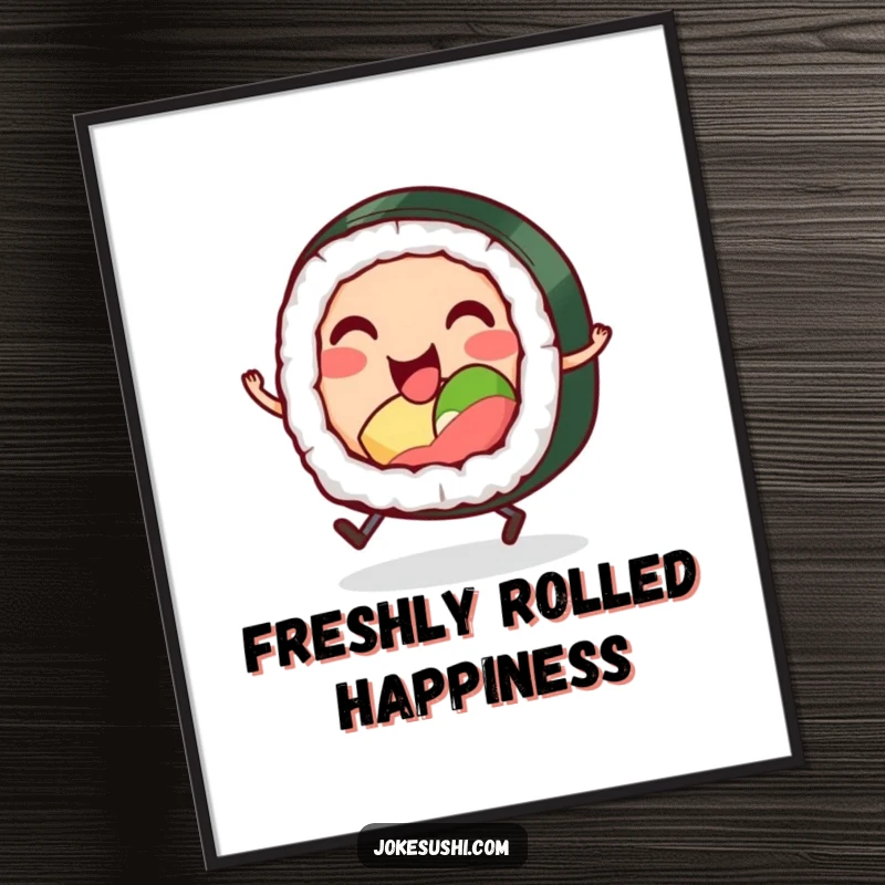 Funny digital art print of a smiling sushi roll character with tiny legs, hopping excitedly, creating a cheerful and humorous atmosphere in any room.