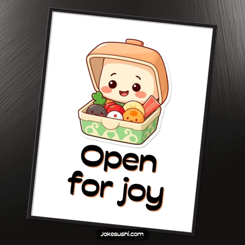 Funny digital art print of a grinning bento box popping open to reveal smiling food items, instant decor.