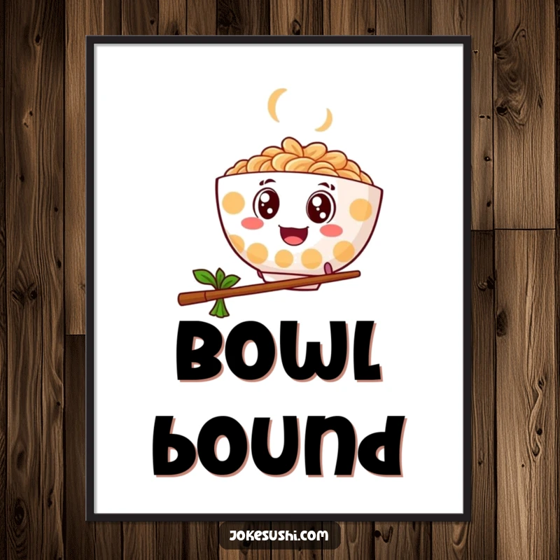 Funny digital art print of a ramen bowl with googly eyes bouncing and leaping over a chopstick, instant download.