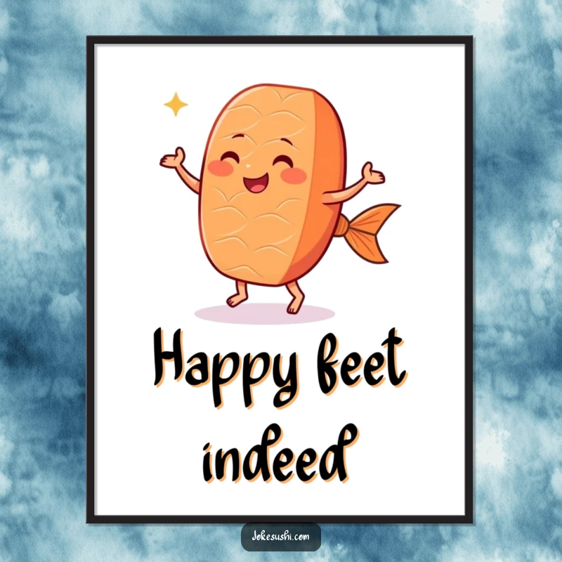 Funny salmon nigiri digital art print of a smiling sushi with small feet dancing joyfully, ready to be printed and framed.