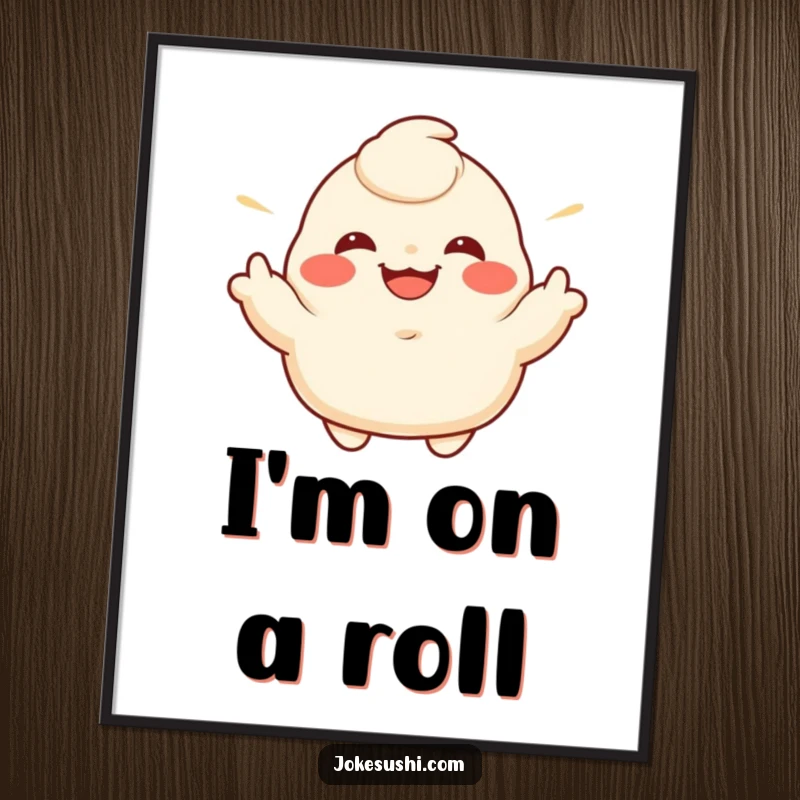 Funny digital art print of a grinning dumpling character enthusiastically gesturing its sides, for joyful decor.