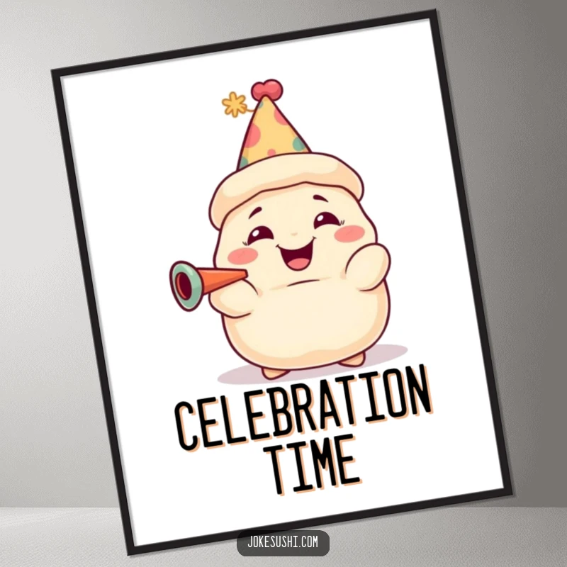 Funny dumpling digital art print of a grinning character with a party hat, blowing a horn. Festive and humorous digital decor.