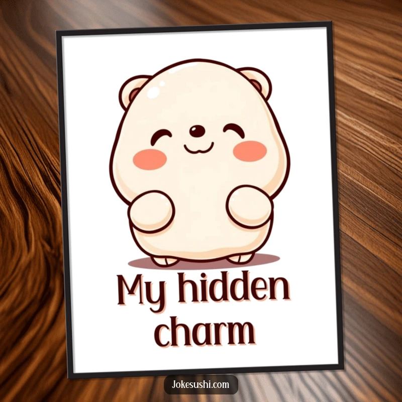 Funny digital art print of a rosy-cheeked dumpling peeking from behind hands, capturing kawaii charm and playful humor for instant download.